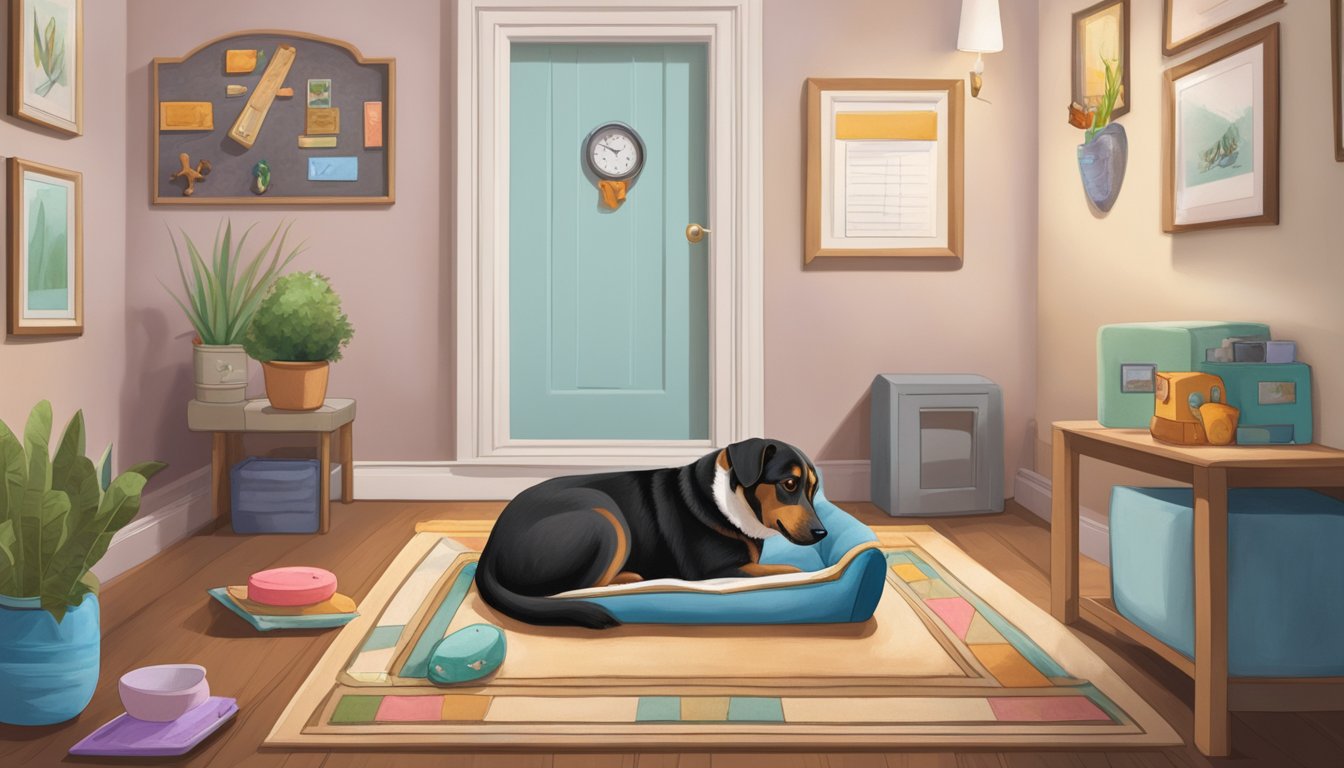 A cozy pet bed surrounded by toys, food bowls, and a framed photo of the deceased owner. A calendar on the wall shows scheduled vet appointments and grooming sessions