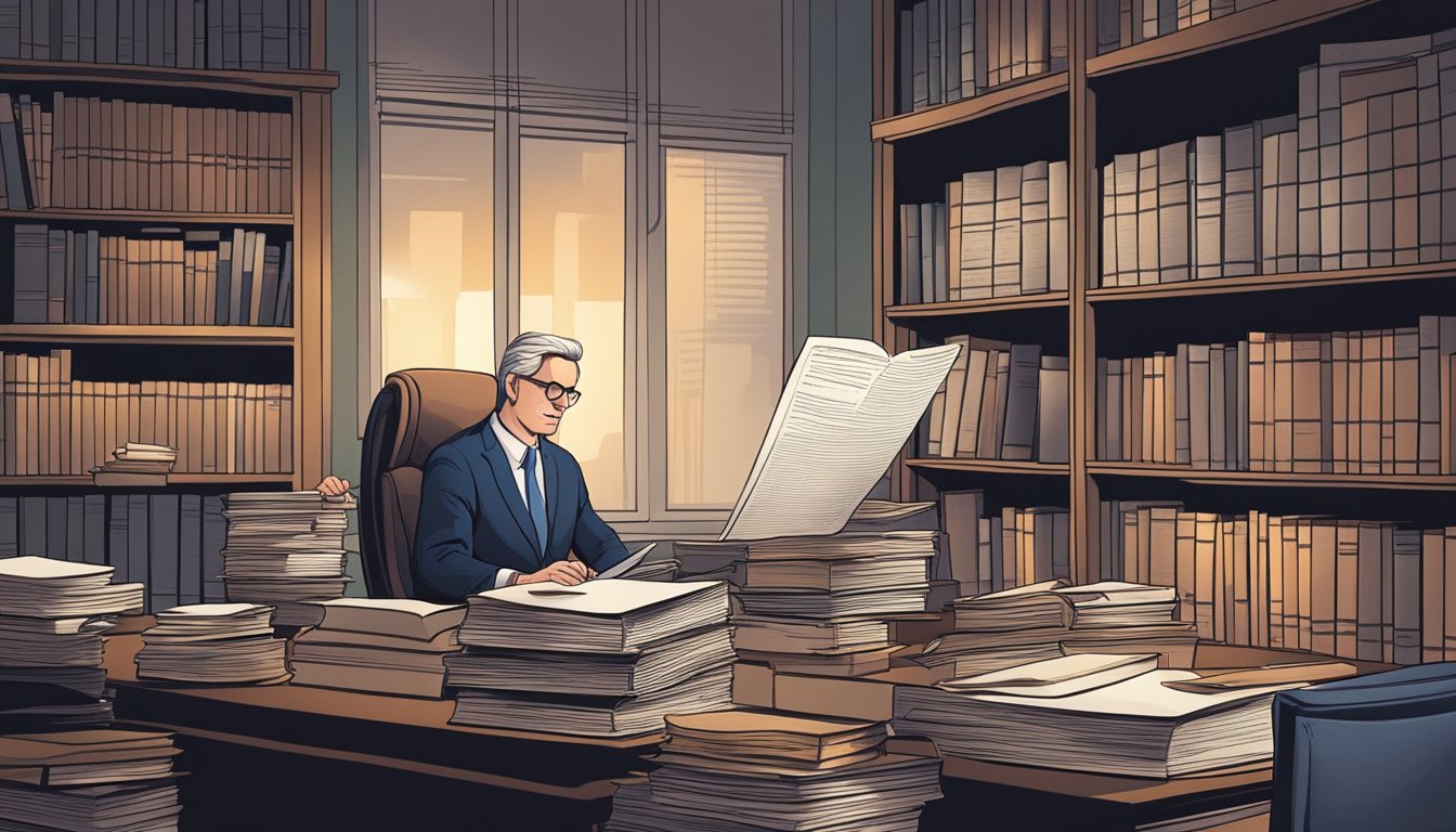 A lawyer reviewing legal documents in a dimly lit office, surrounded by shelves of law books and papers scattered on the desk