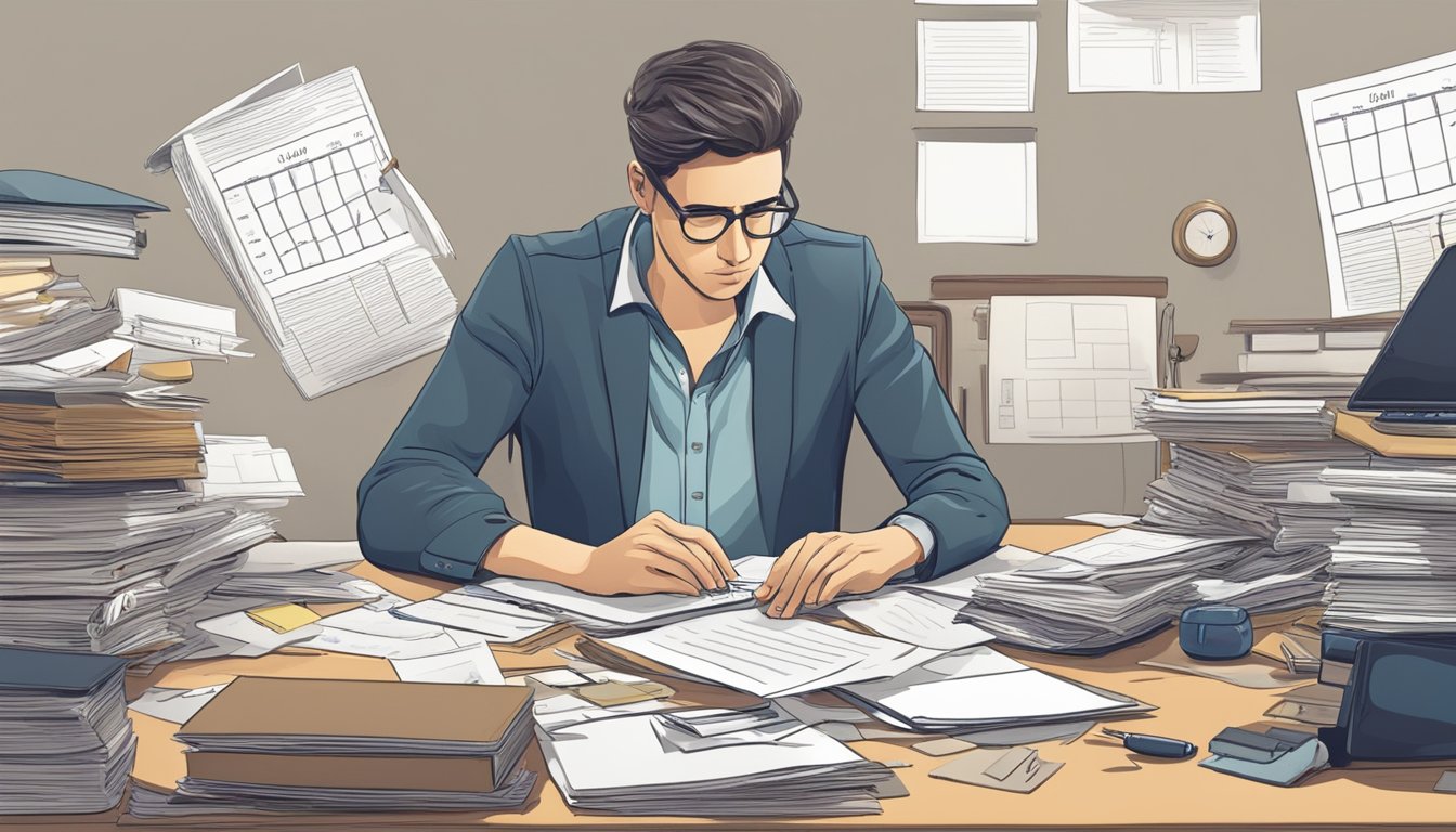 A person sitting at a cluttered desk, surrounded by legal documents, a calendar, and a phone. The person looks stressed and overwhelmed as they try to navigate the posthumous legal issues of a deceased loved one