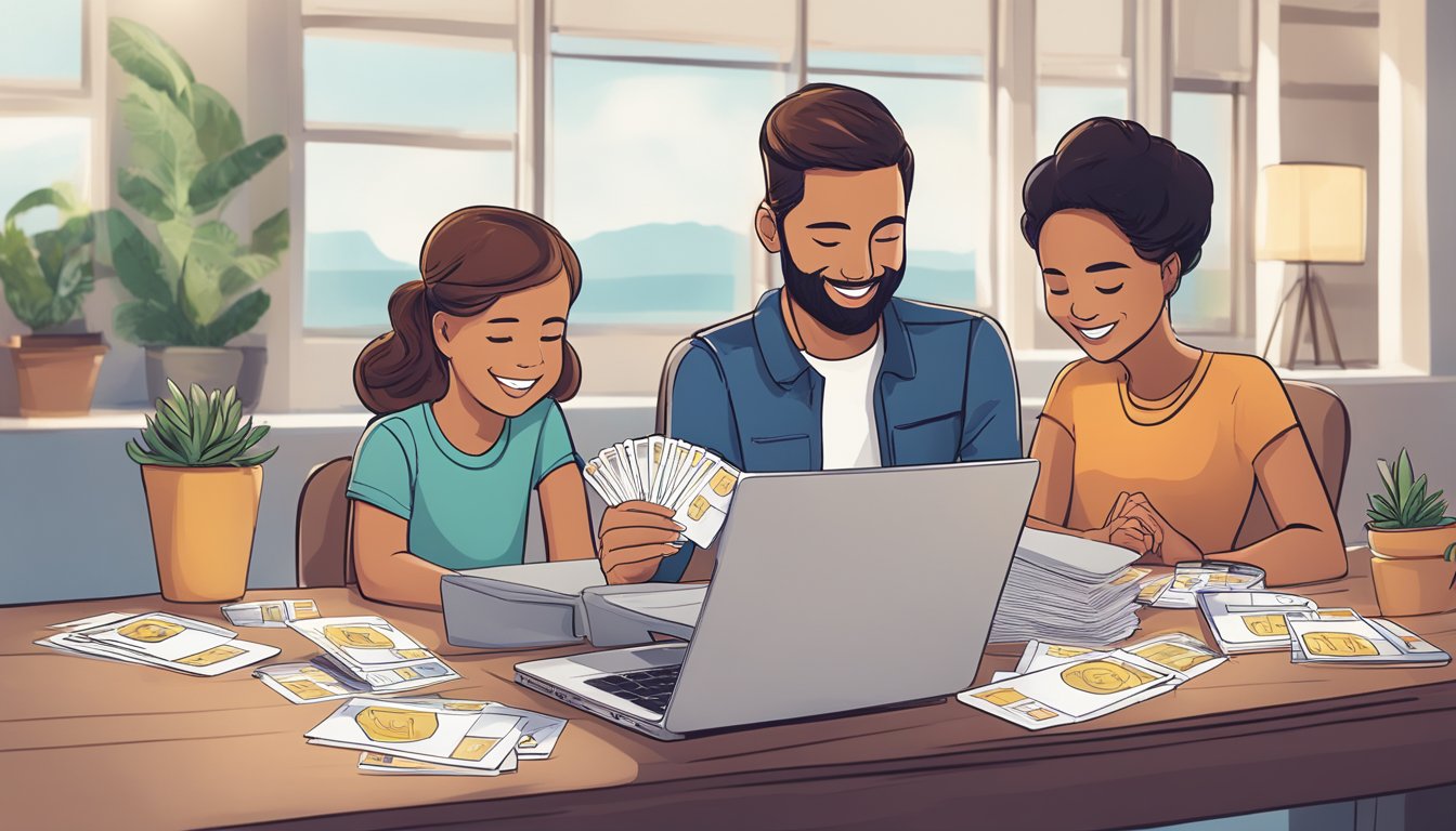 A stack of airline loyalty cards and a family photo on a table, with a laptop displaying options for transferring status after a loved one's passing