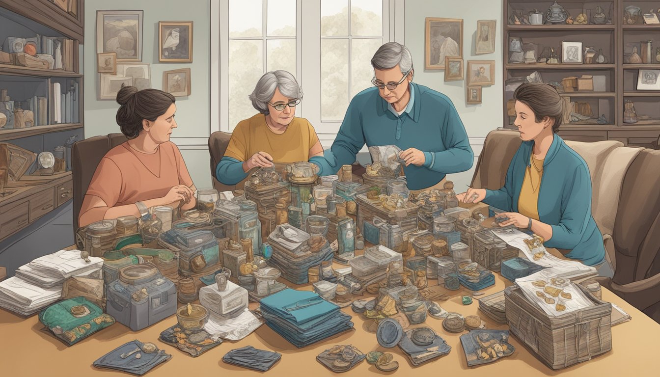 A table covered in deceased relative's collectibles, with family members discussing and sorting through the items for distribution