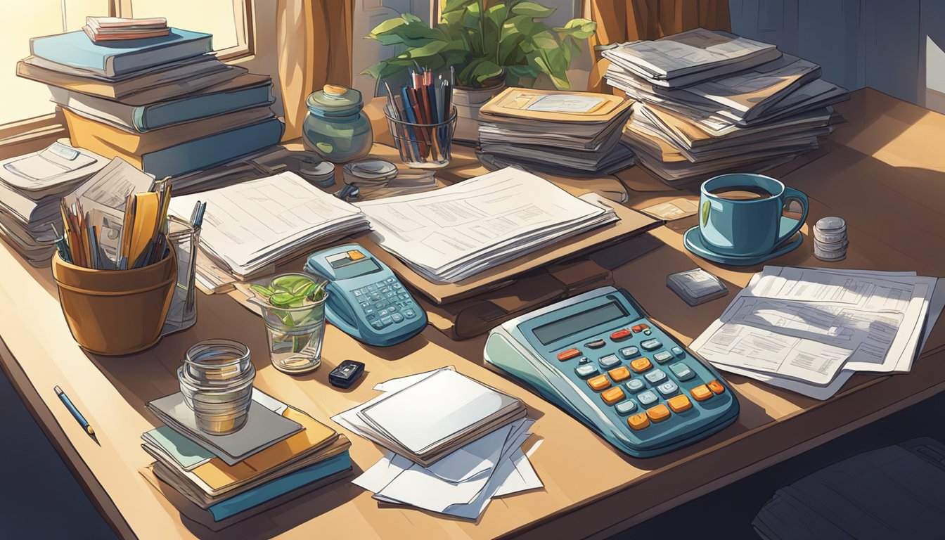 A table covered with various collectibles and personal items, alongside a stack of paperwork and a calculator. Light from a window casts shadows across the objects