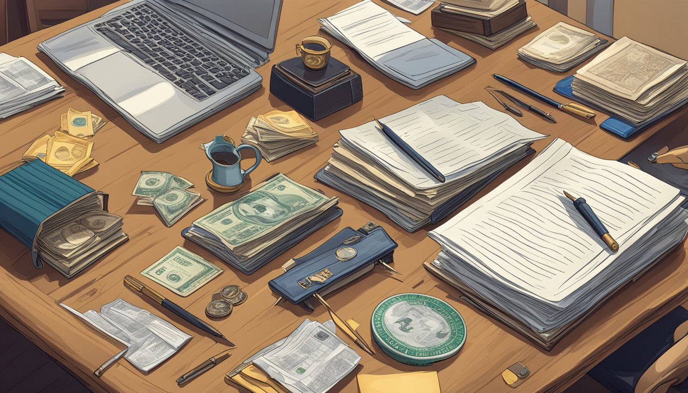 A table covered in collectibles and personal property, with a stack of legal and financial documents nearby