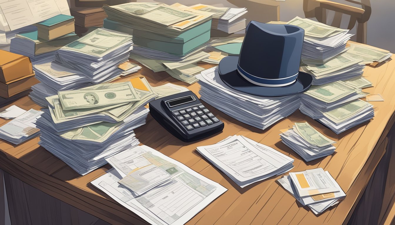 A desk cluttered with legal documents and a stack of prepaid travel vouchers, with a somber atmosphere