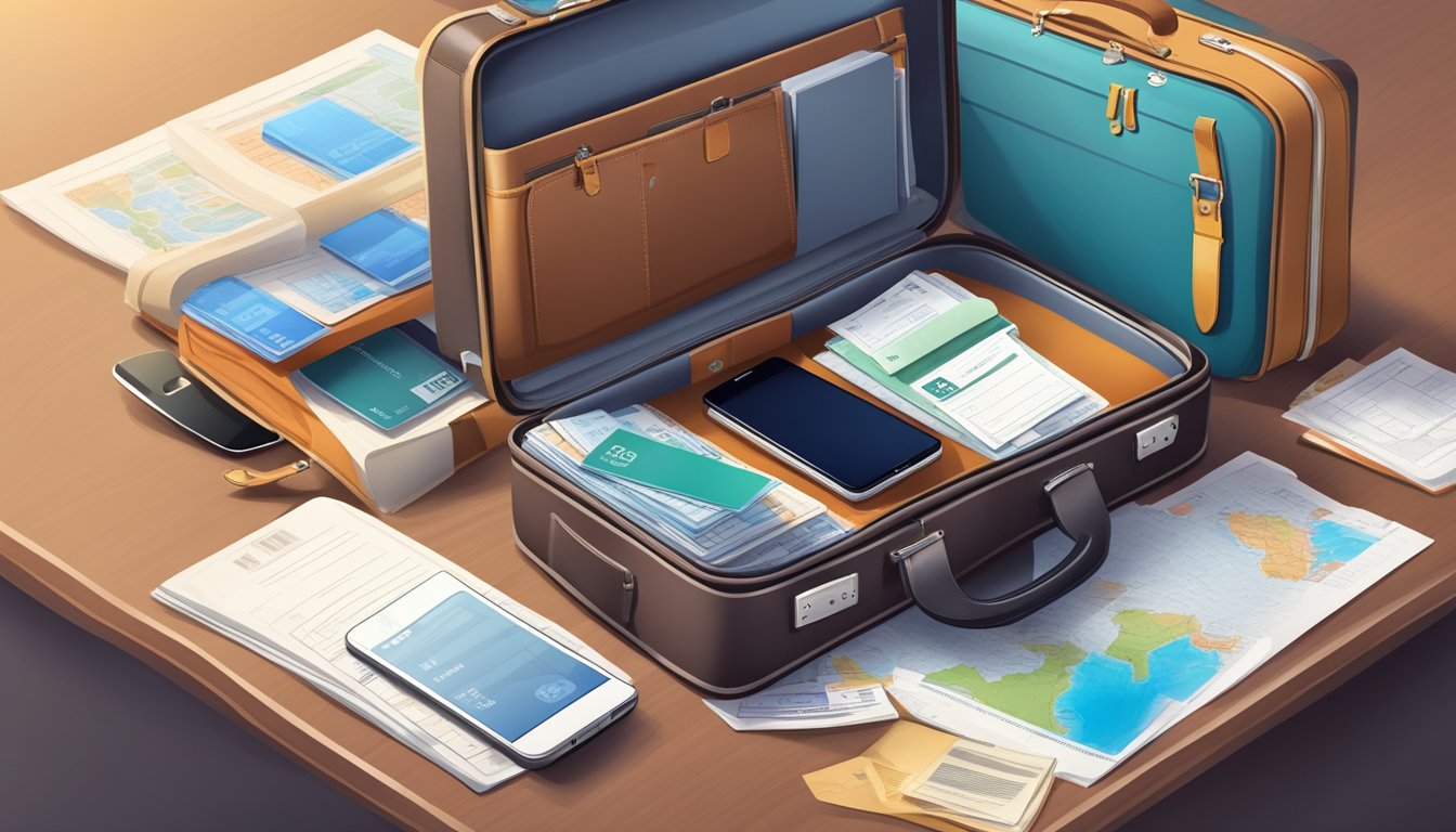 A suitcase with travel tickets, hotel reservations, and a passport lying on a table, surrounded by paperwork and a phone with notifications