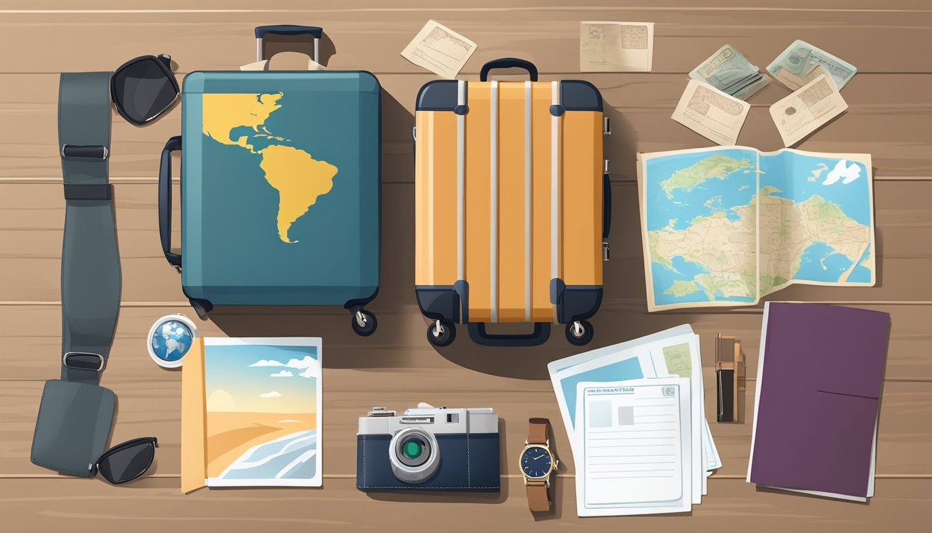 A suitcase and passport laid out on a table, surrounded by travel brochures and a condolence card