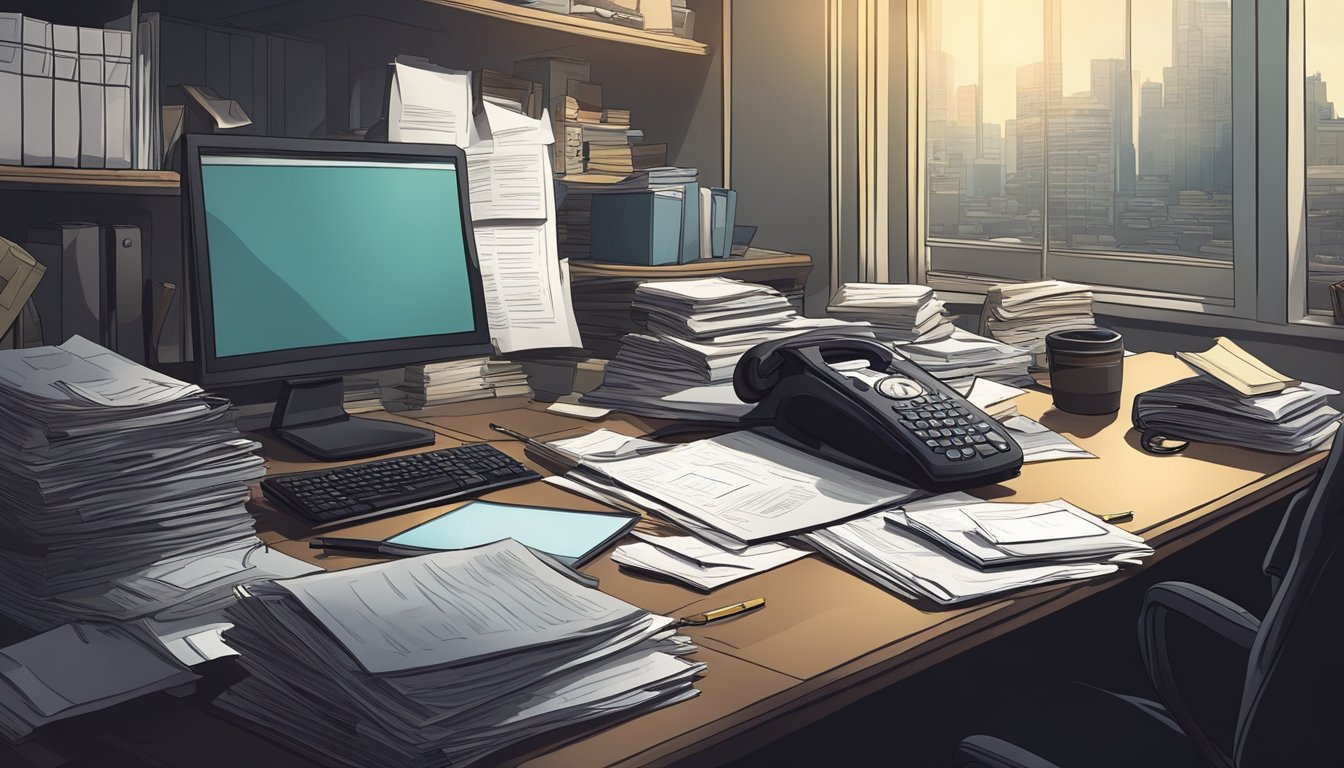 A desk cluttered with paperwork, a phone off the hook, and a somber atmosphere in a dimly lit office