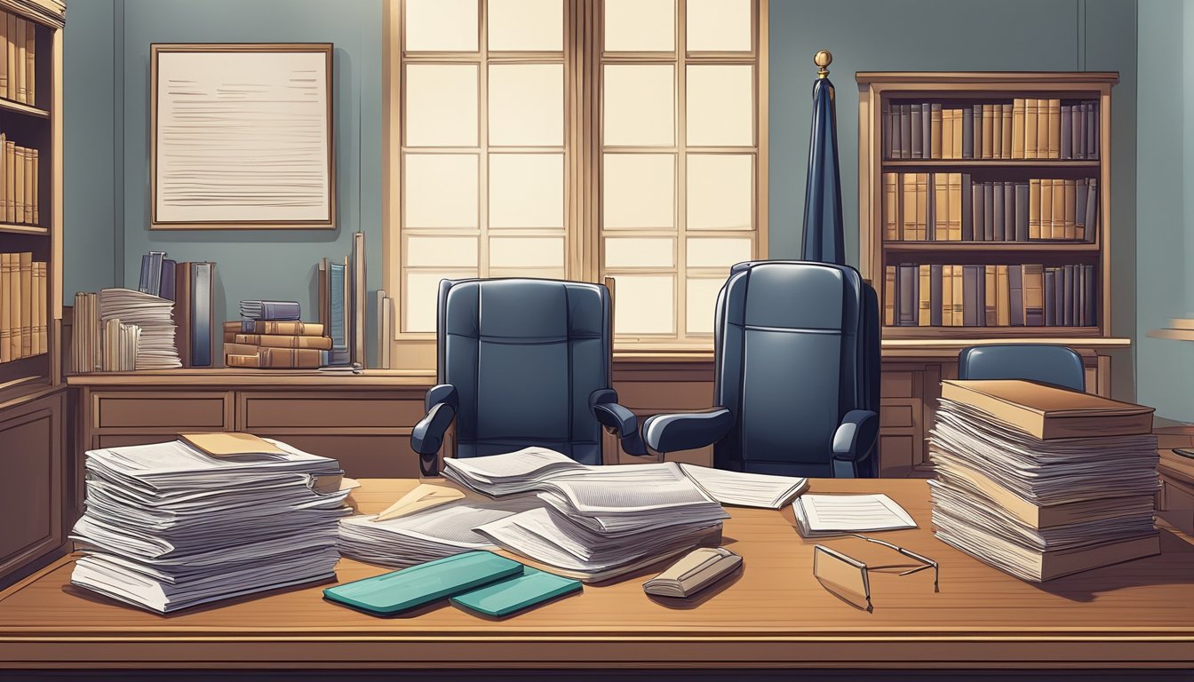 A lawyer's office desk with legal documents and a stamp