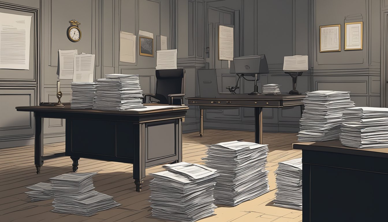 A dimly lit room with a desk covered in legal documents. A single key sits on the table, symbolizing the transfer of power after the principal's death