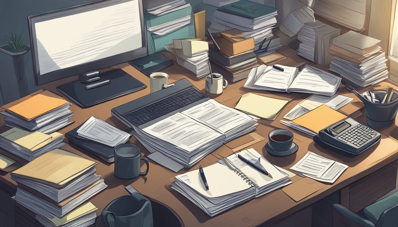 A dimly lit office desk cluttered with paperwork and a laptop, surrounded by legal documents and a phone off the hook