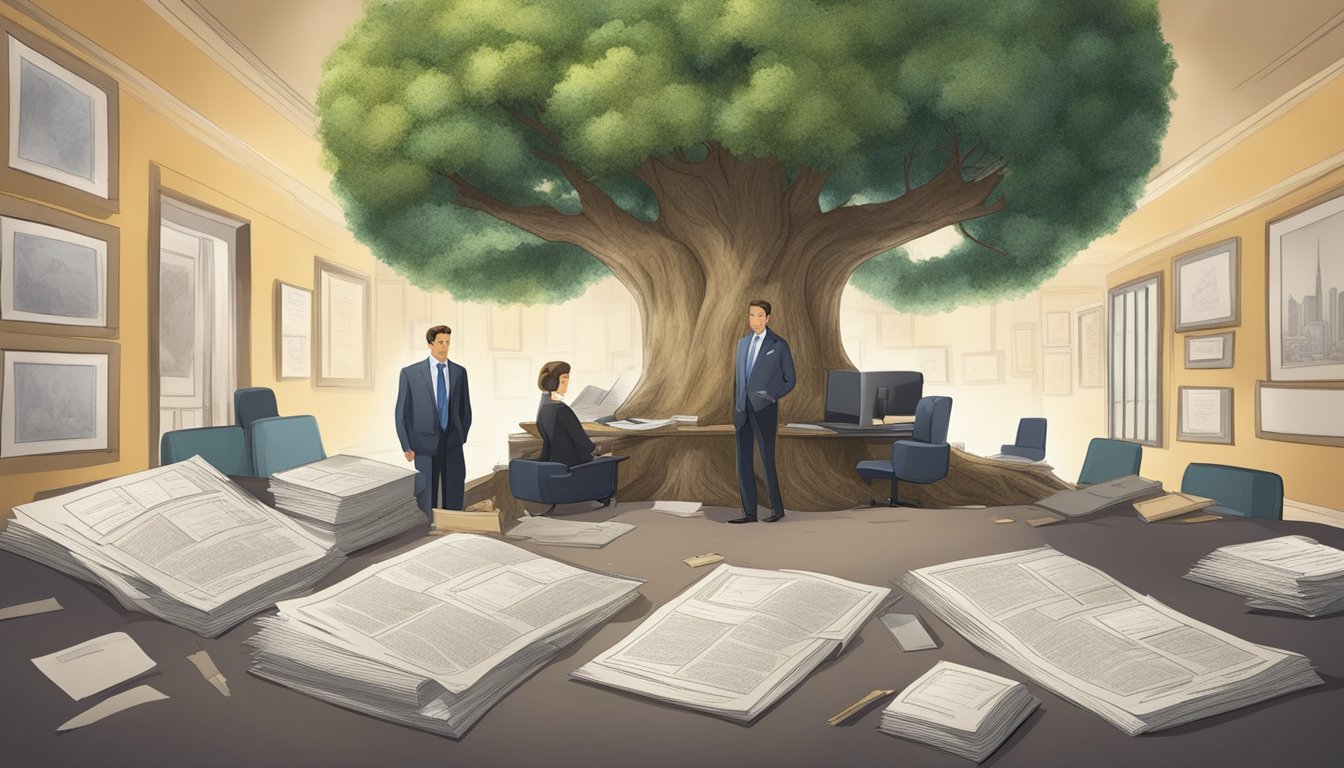 A family tree with a business at the trunk, surrounded by legal documents and a grieving family