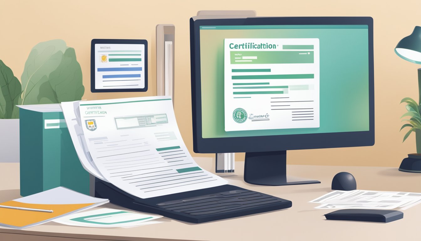 A desk with a stack of certification documents, a computer screen displaying a cancellation form, and a stamp marked "VOID" on a certificate