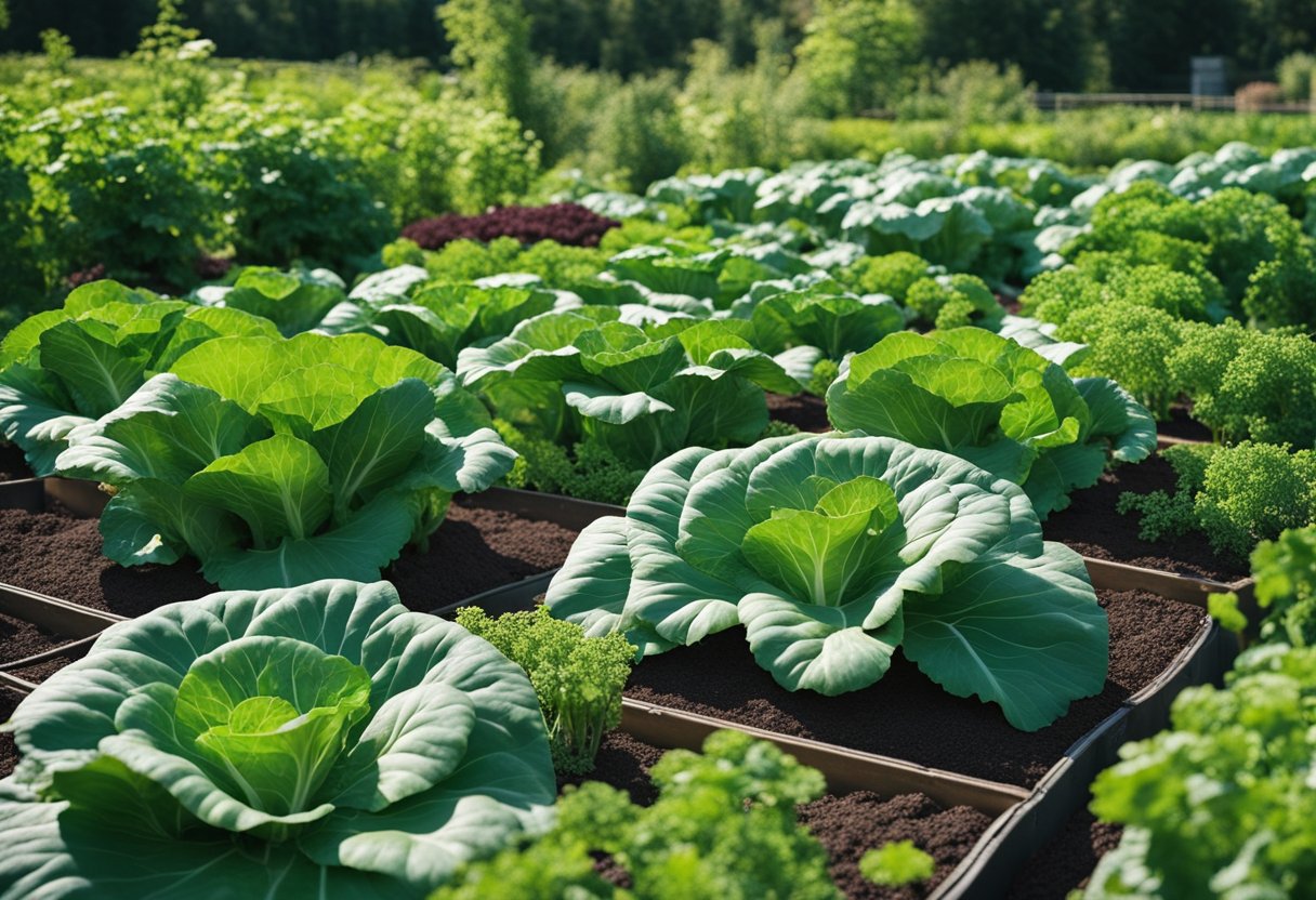 Cabbage, beans, beets, buckwheat, and celery thrive in a lush garden bed, creating a diverse and healthy ecosystem