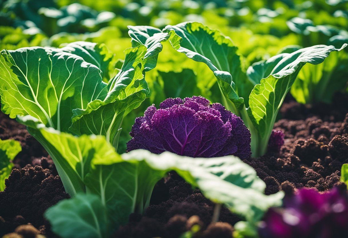 Cabbage, beans, beets, buckwheat, and celery thrive together in a vibrant garden bed, showcasing a diverse and healthy ecosystem