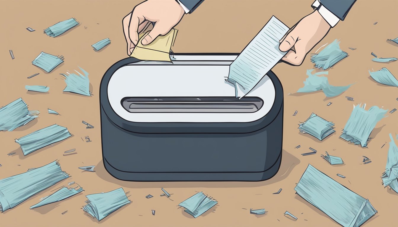 A certificate being shredded by a hand-held paper shredder