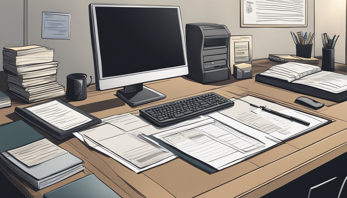 An office desk with a computer, paperwork, and a checkbook. A somber atmosphere with a framed photo of the deceased employee