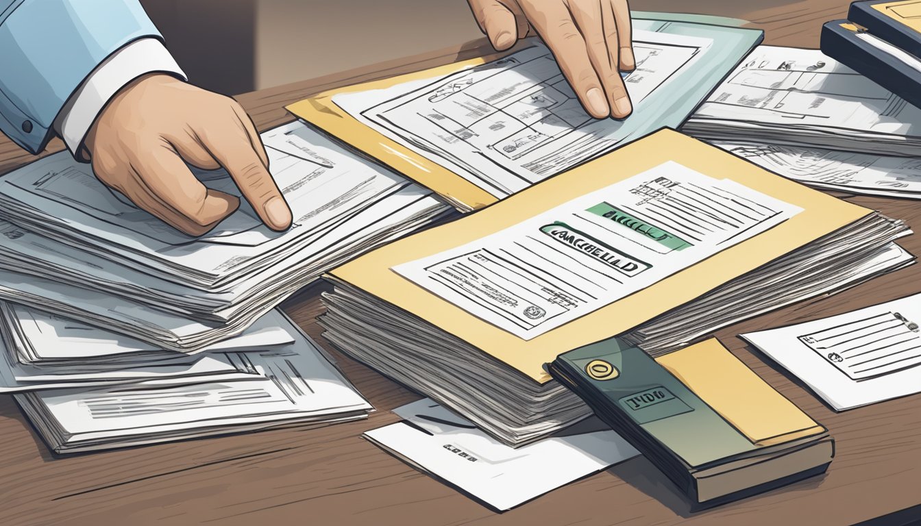 A table with a stack of professional certification documents being stamped with a "Cancelled" mark by an auditor