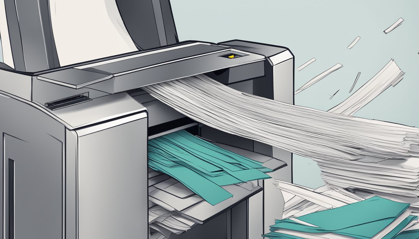 A stack of professional certification documents being shredded by a machine