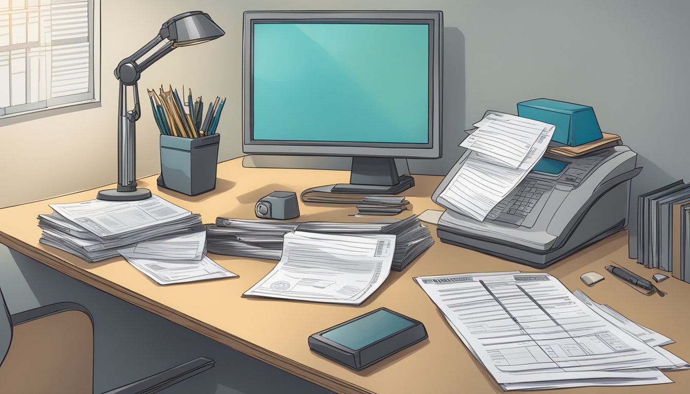 A somber office desk with a computer screen displaying tax forms, a stack of paperwork, and a sealed envelope marked "final paycheck."