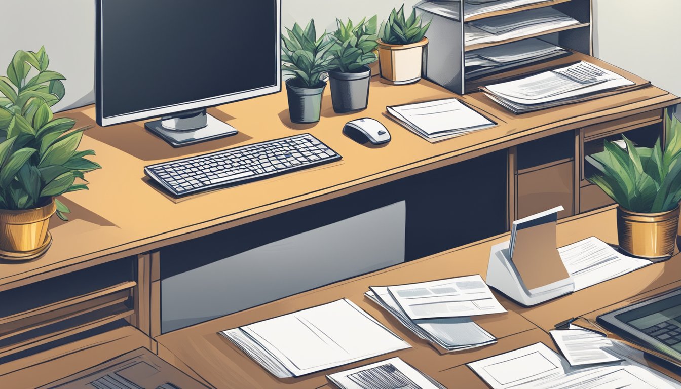 An office desk with a computer, paperwork, and a phone. A somber atmosphere with a framed photo and a plant. A stack of final paychecks and a notification letter on the desk