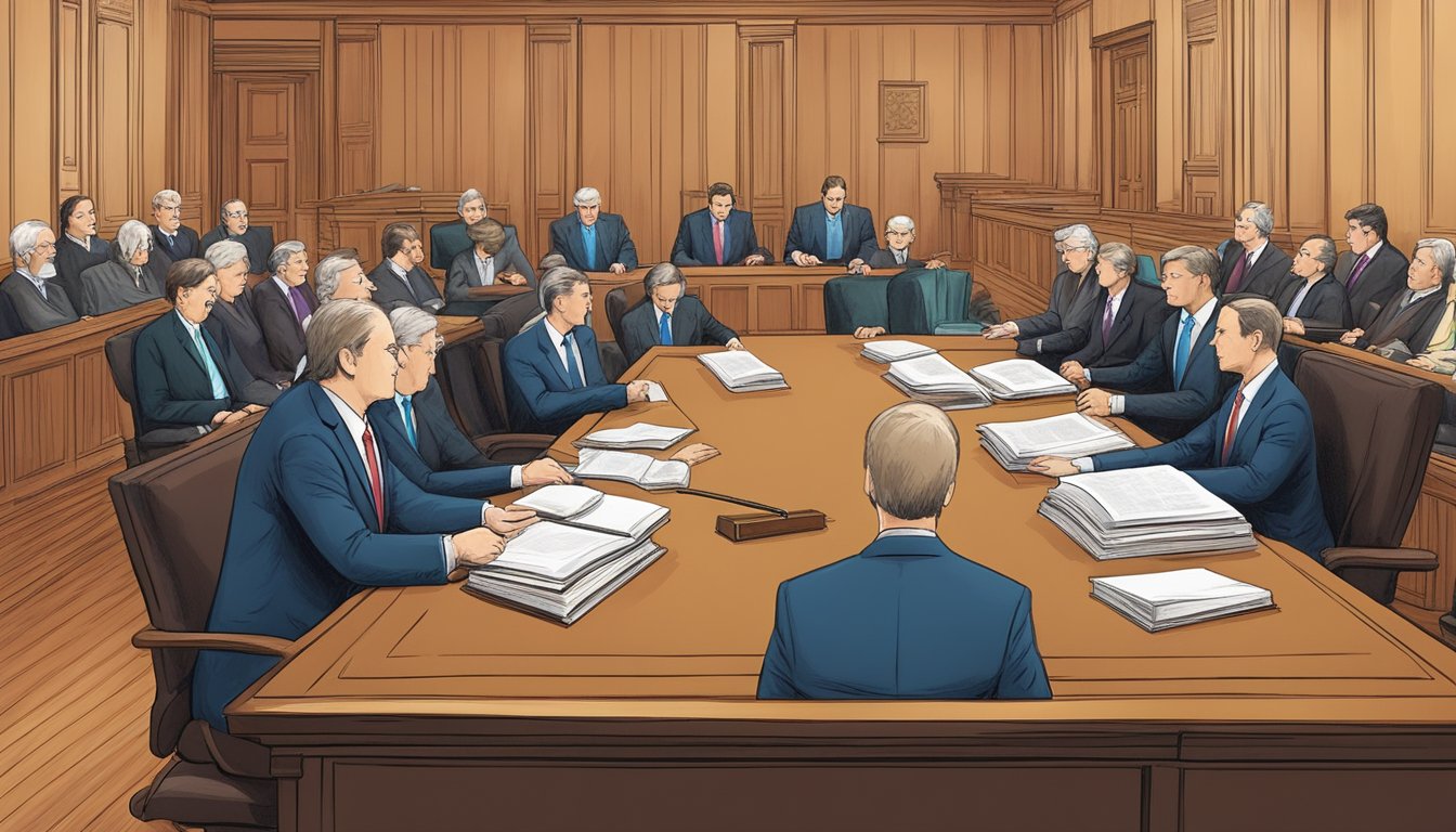 A gavel strikes as a group of officials and lawyers discuss water rights in a courtroom with state and federal law books on a wooden table