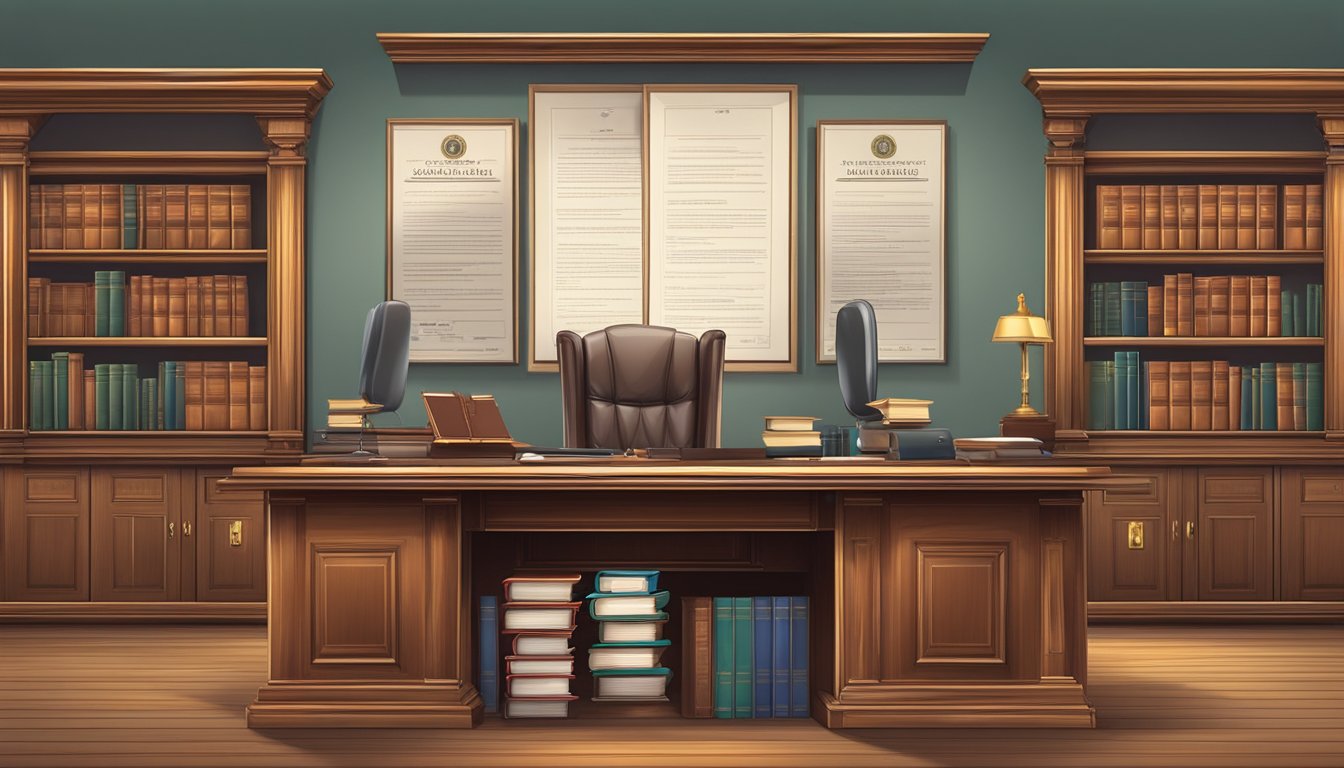 A desk with a professional license certificate, a legal document, and a seal stamp. A lawyer's office with shelves of law books in the background