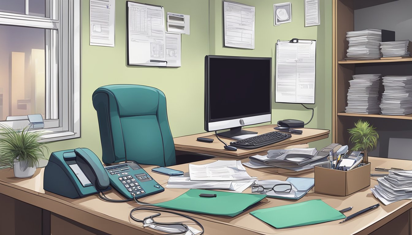 A desk with scattered medical and allied health licenses, a phone off the hook, and a somber atmosphere in the office