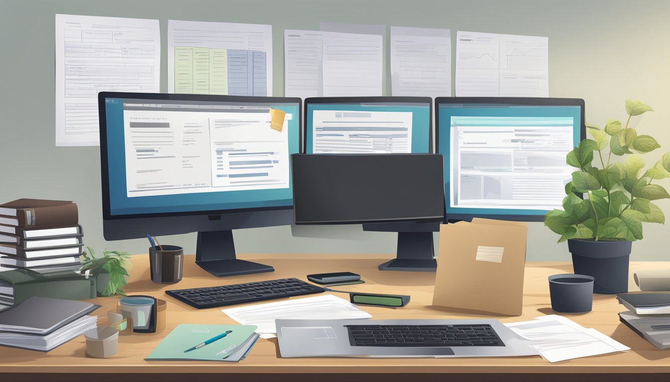 A desk with various professional licenses and documents, a computer screen displaying a transfer form, and a mourning atmosphere