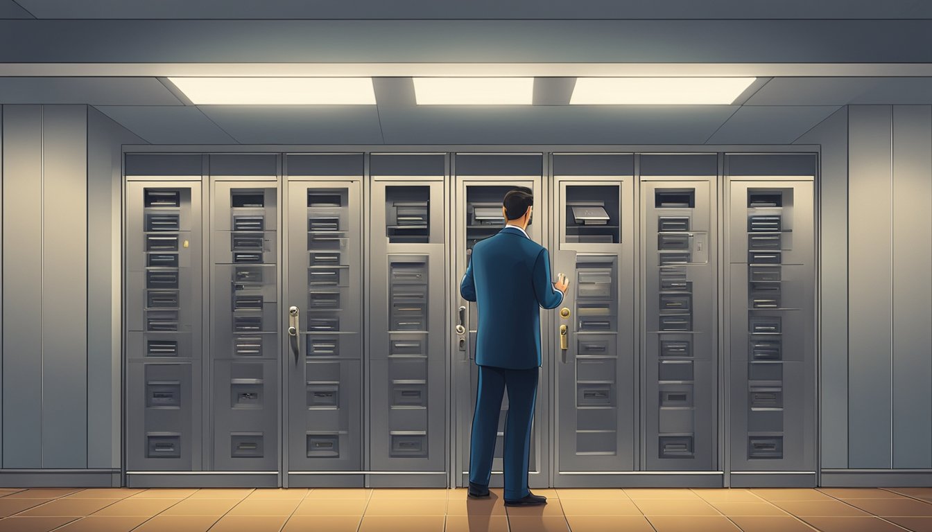 A bank employee unlocks a metal door, revealing rows of safety deposit boxes in a dimly lit room