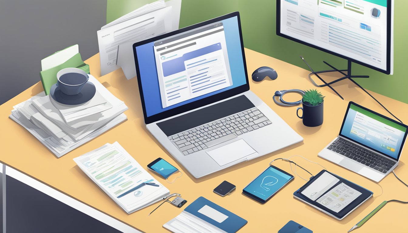 A desk cluttered with digital devices and paperwork, a laptop open to a subscription account page, a keychain with a USB drive, and a folder labeled "Digital Estate Planning."