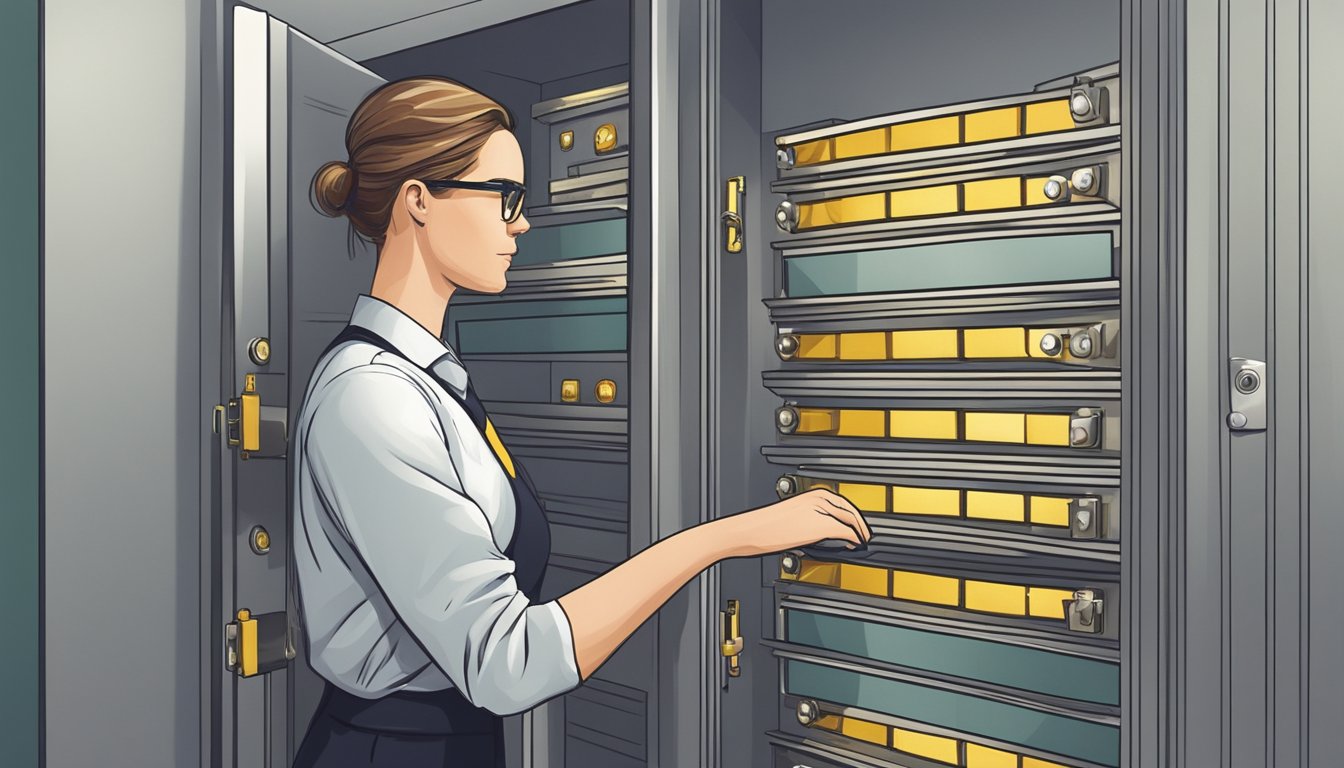 A financial institution employee unlocking a safety deposit box in a secure room