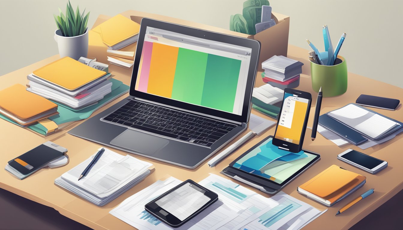 A cluttered desk with a laptop, tablet, and smartphone, surrounded by paperwork and a closed wallet