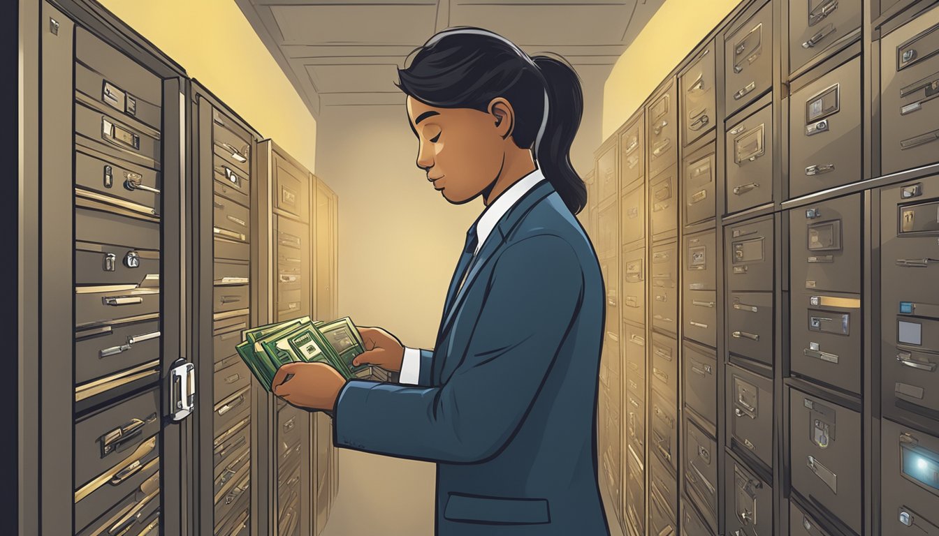 A bank employee unlocks a row of unclaimed safety deposit boxes in a dimly lit vault