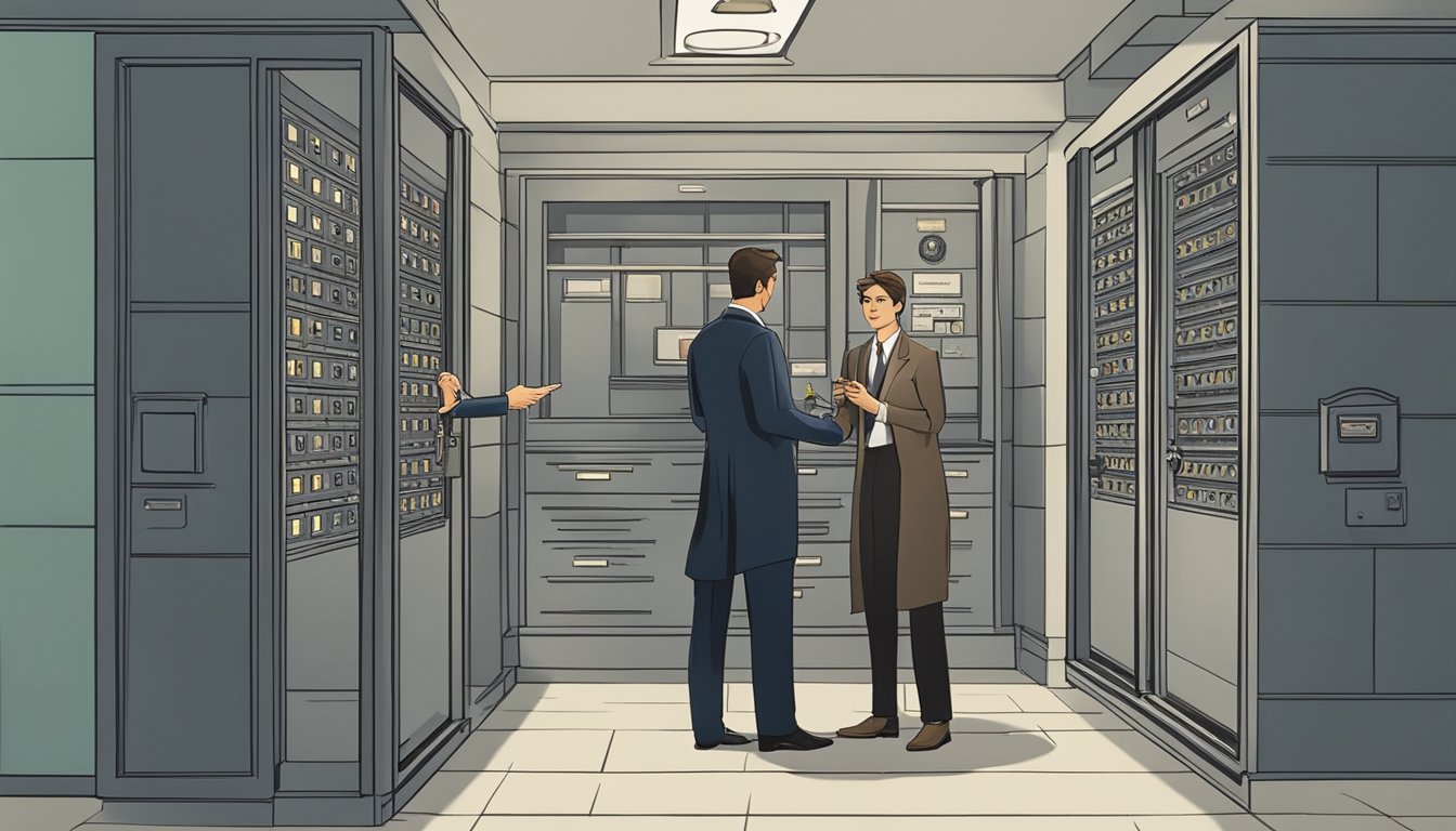 A lawyer standing in front of a bank vault, holding a key and discussing with a bank employee