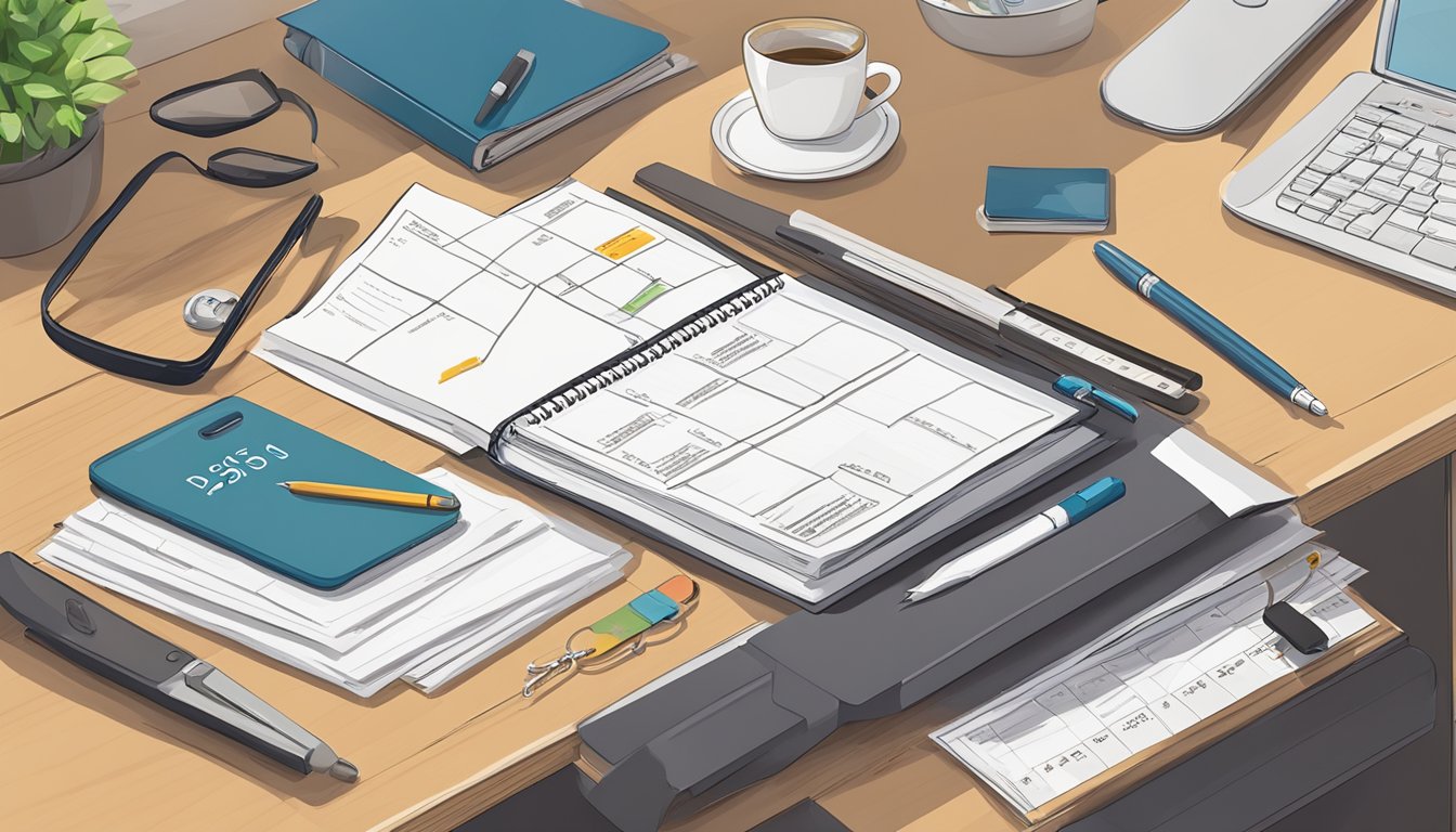 A desk with legal documents, a keychain, and a pen. A phone with messages and a calendar showing dates