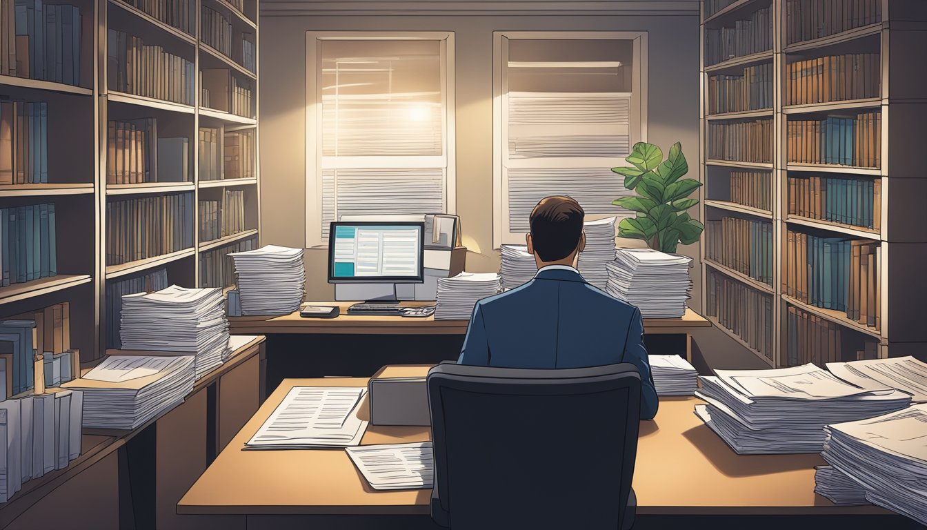 A lawyer reviewing legal documents in a dimly lit office, surrounded by stacks of papers and a computer screen displaying lease agreements