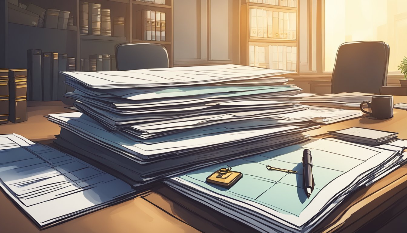 A stack of legal documents on a desk, with a pen and a set of keys placed on top, against a backdrop of a dimly lit office