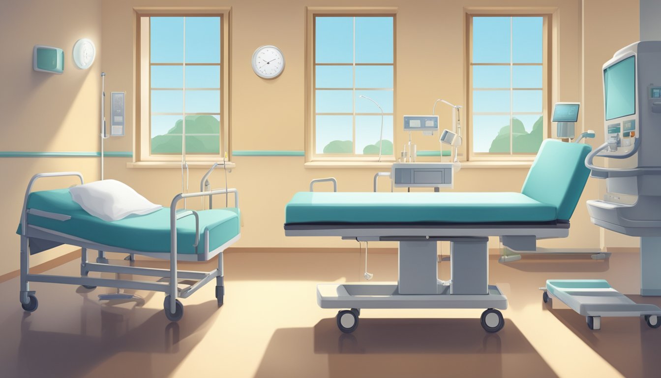 A peaceful hospital room with a still bed, medical equipment turned off, and a window casting soft light onto the empty space