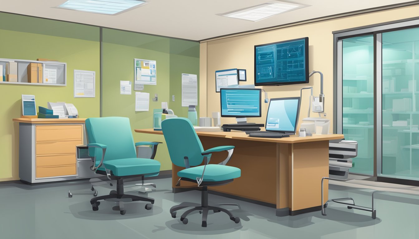 A doctor's office with empty chairs, medical equipment, and a computer screen displaying patient records