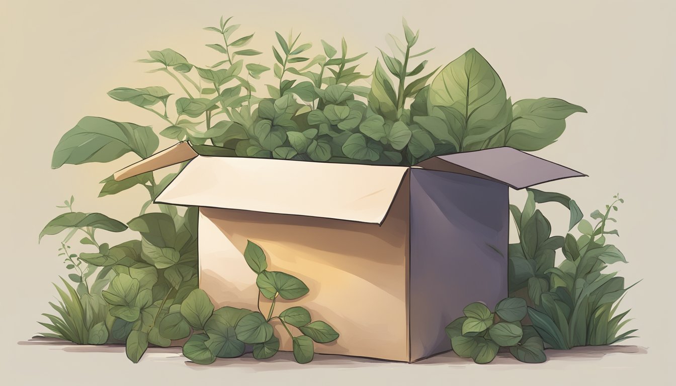 An empty subscription box sitting unopened on a doorstep, surrounded by overgrown plants and fading sunlight