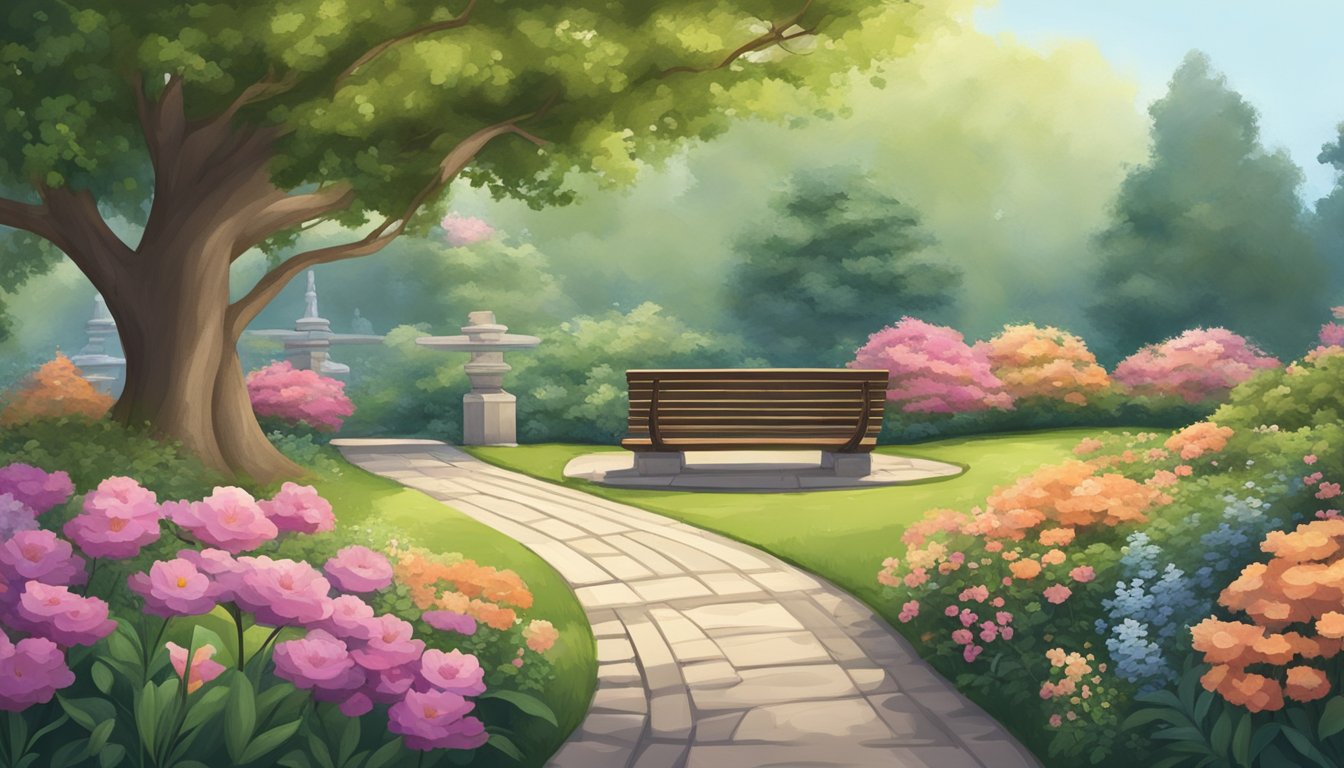 A serene garden with a winding path leading to a peaceful memorial bench surrounded by flowers and trees