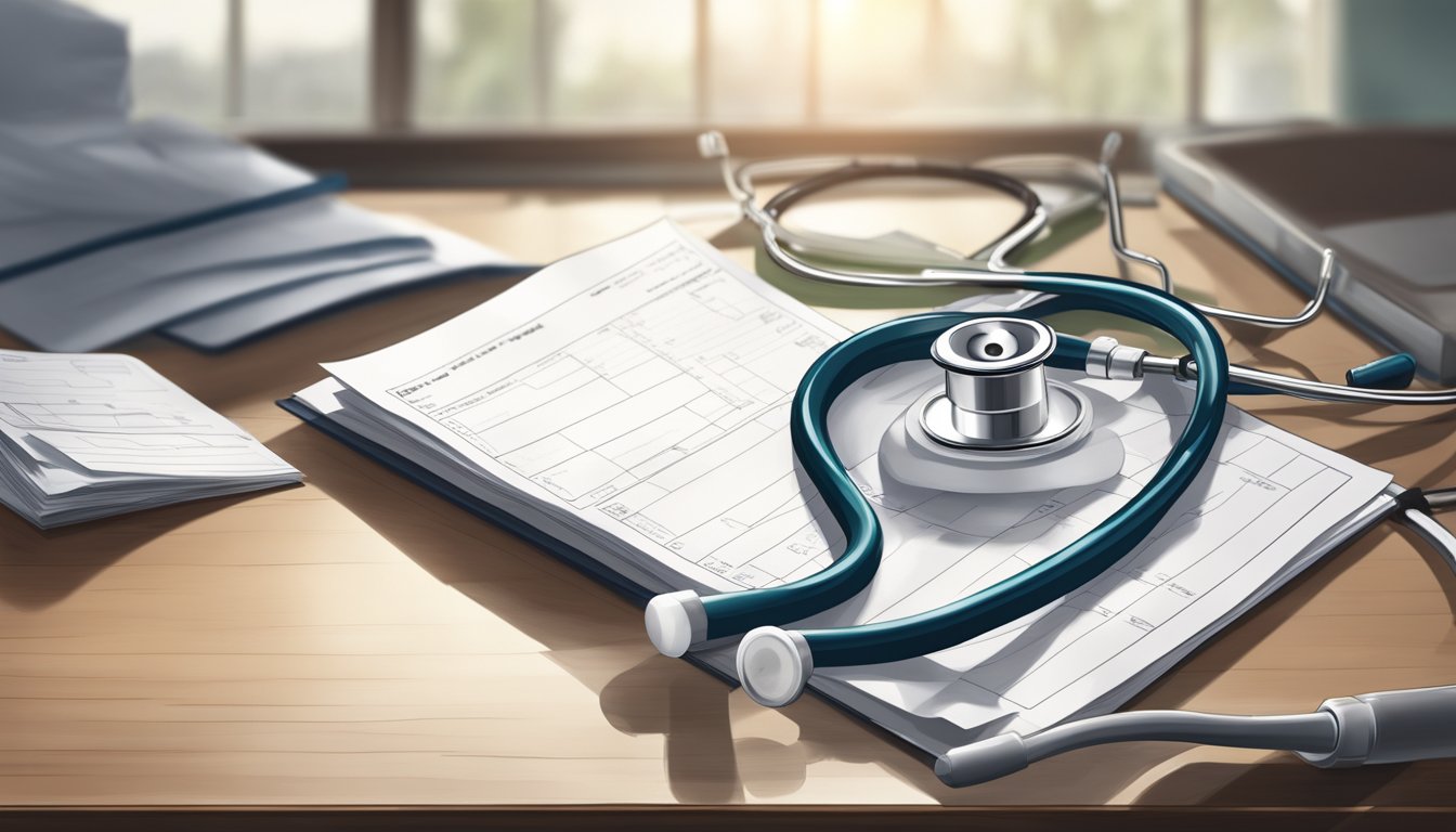 A doctor's stethoscope and prescription pad lay abandoned on a desk, with a somber atmosphere in the empty hospital room