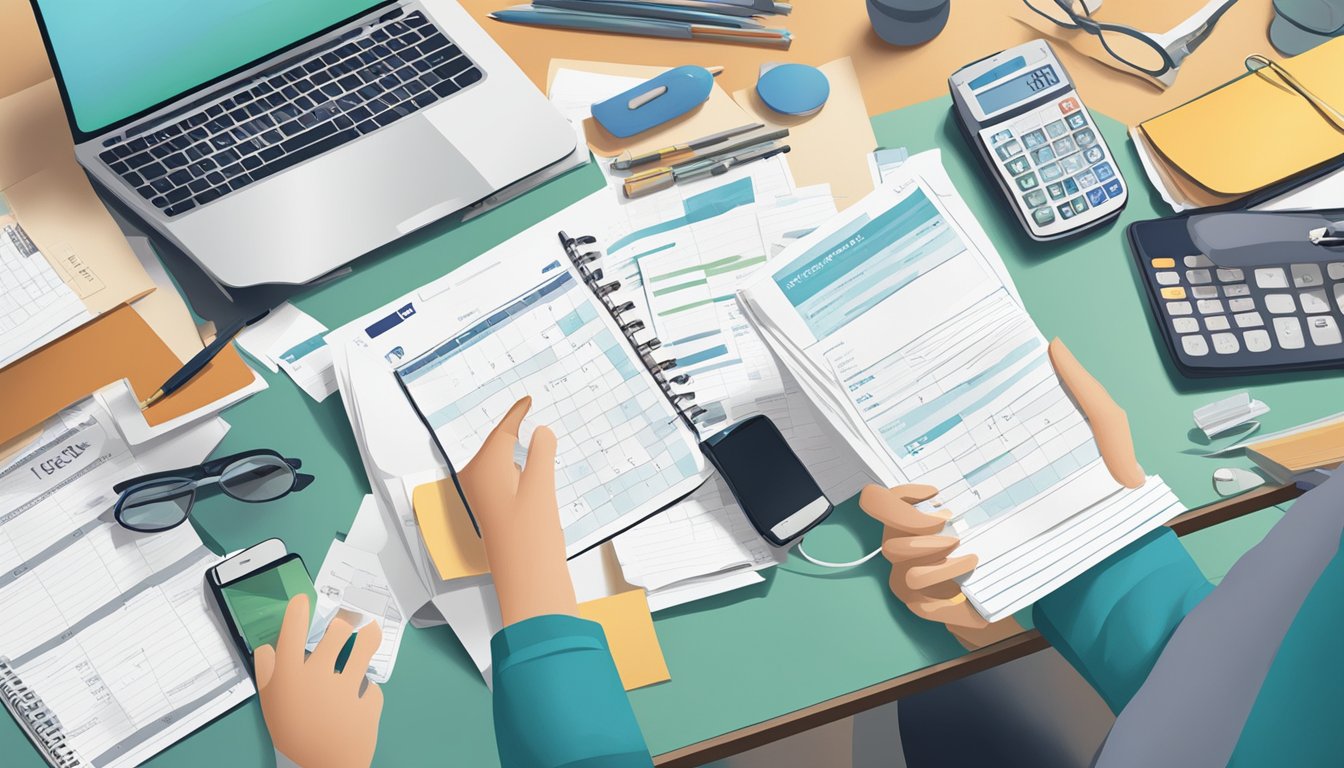 A cluttered desk with scattered medical documents and a calendar marking ongoing treatment dates. A caregiver's hand reaches for a phone to cancel appointments