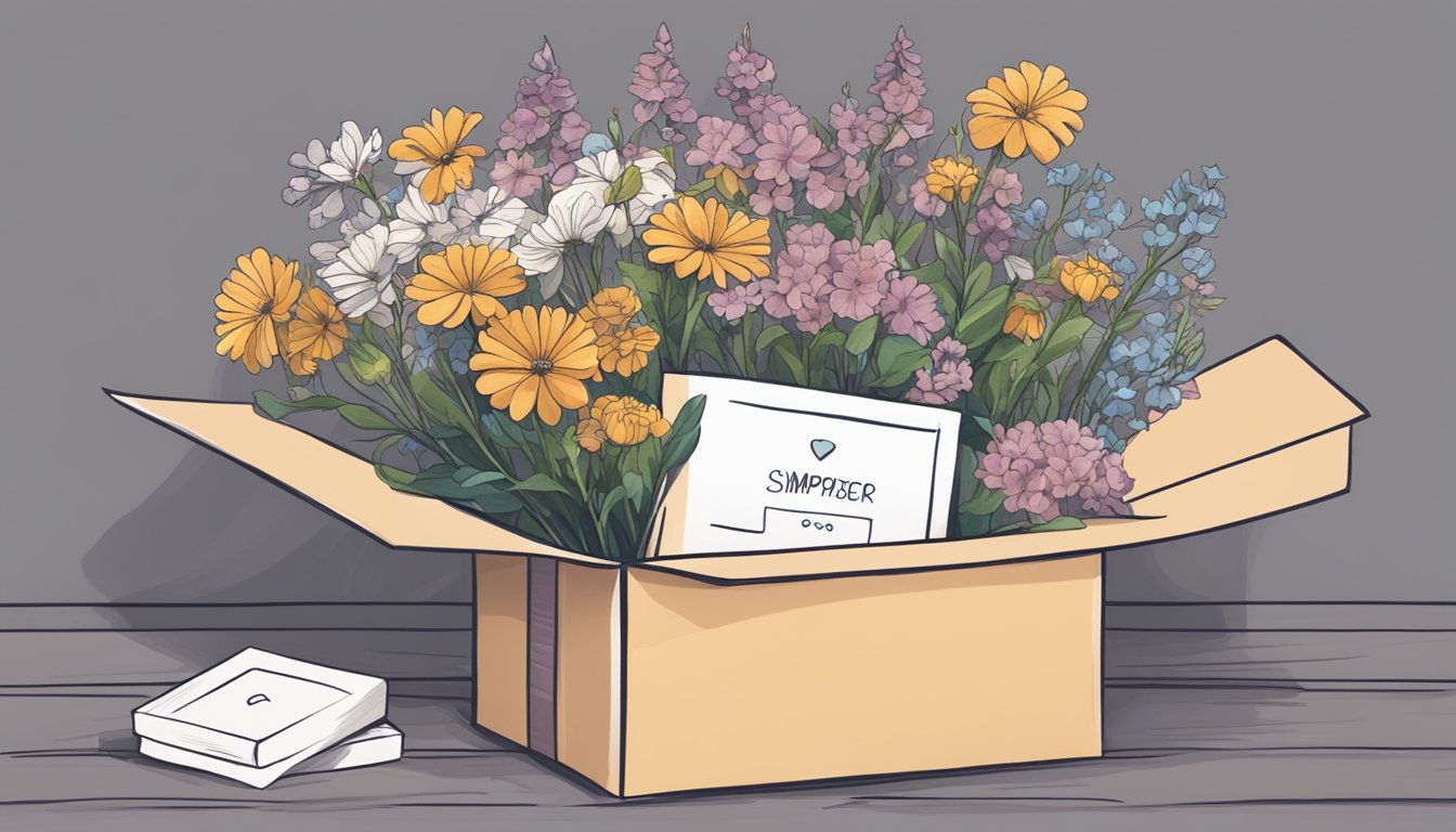 An empty, unopened subscription box sits on a doorstep, surrounded by wilting flowers and a sympathy card