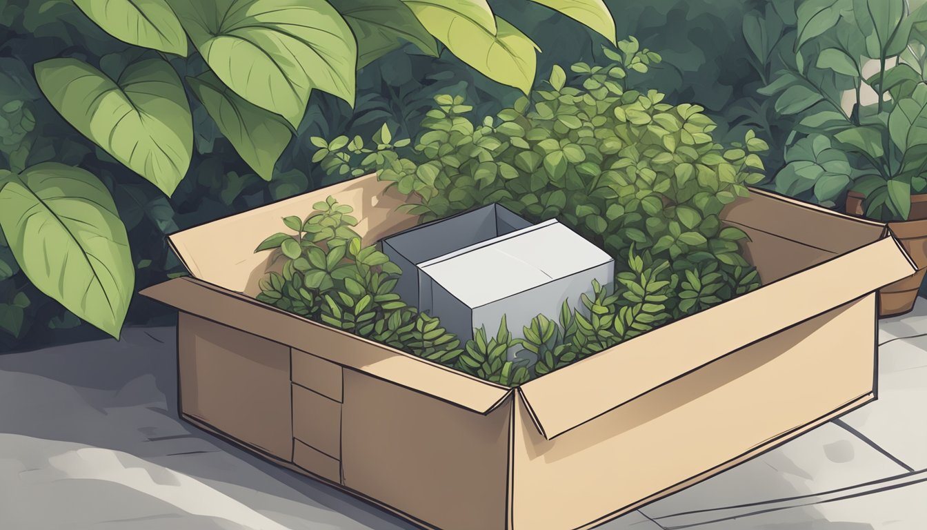 An empty and untouched subscription box sits on a doorstep, surrounded by overgrown plants and a sense of neglect