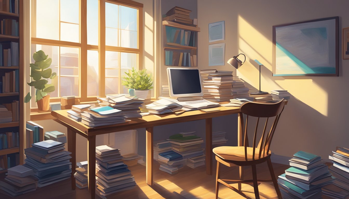 A desk cluttered with textbooks and unfinished assignments, a chair pushed back as if abruptly vacated. Sunlight streams through the window, casting long shadows across the room