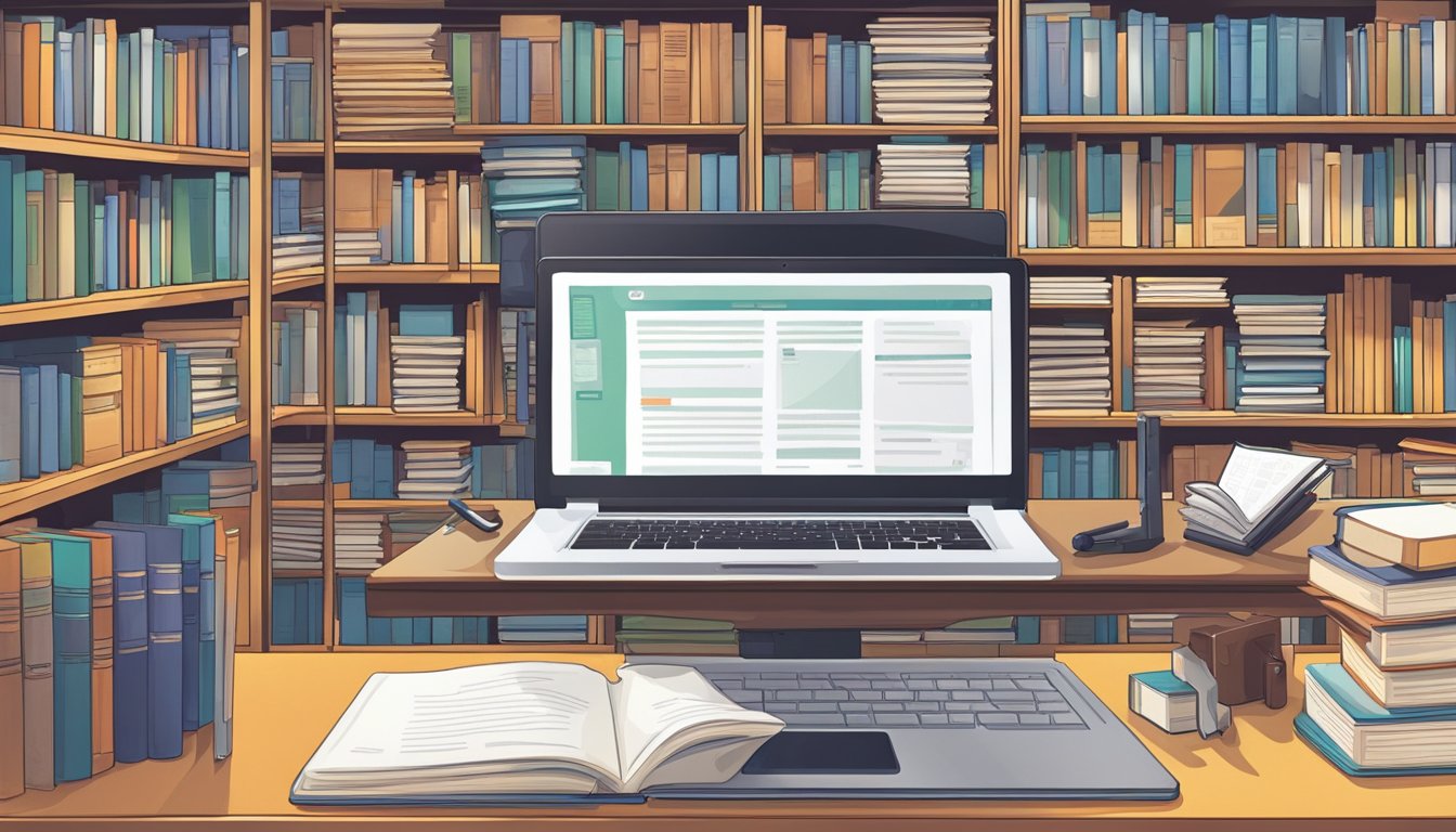 A desk with an open textbook, a pen, and a laptop, surrounded by shelves filled with educational resources and support materials