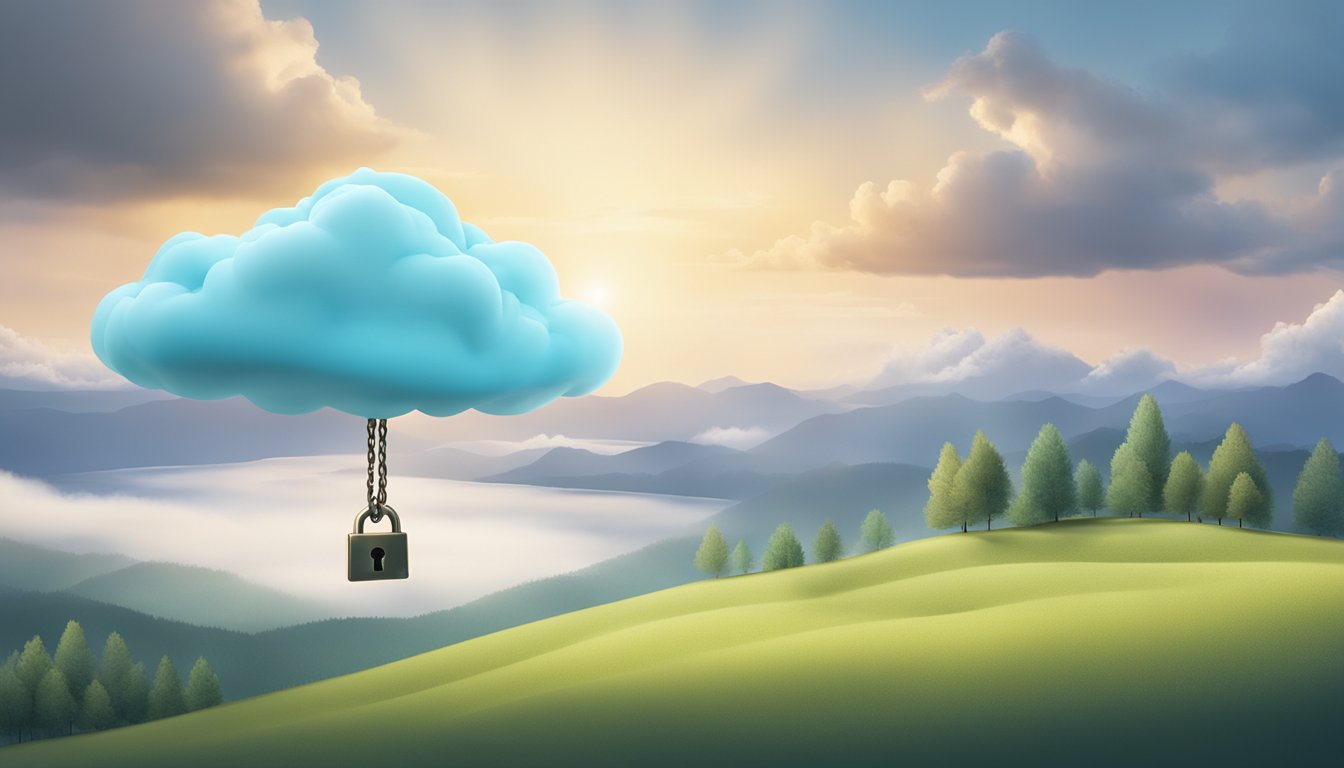 A digital cloud hovering over a serene landscape, with a key and a padlock symbolizing the role of executors and fiduciaries in managing data after the account owner's death