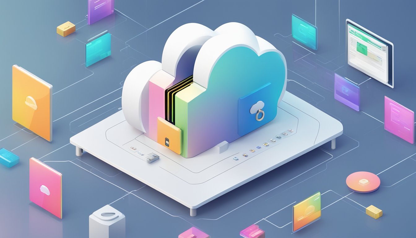 A cloud storage server with a lock and key, surrounded by floating data files and a digital representation of a deceased account owner