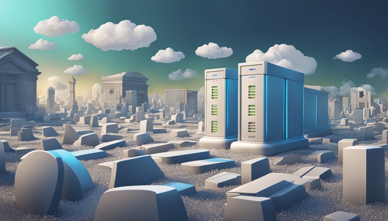 A serene cloud floating above a digital graveyard, with data servers and storage devices arranged like tombstones